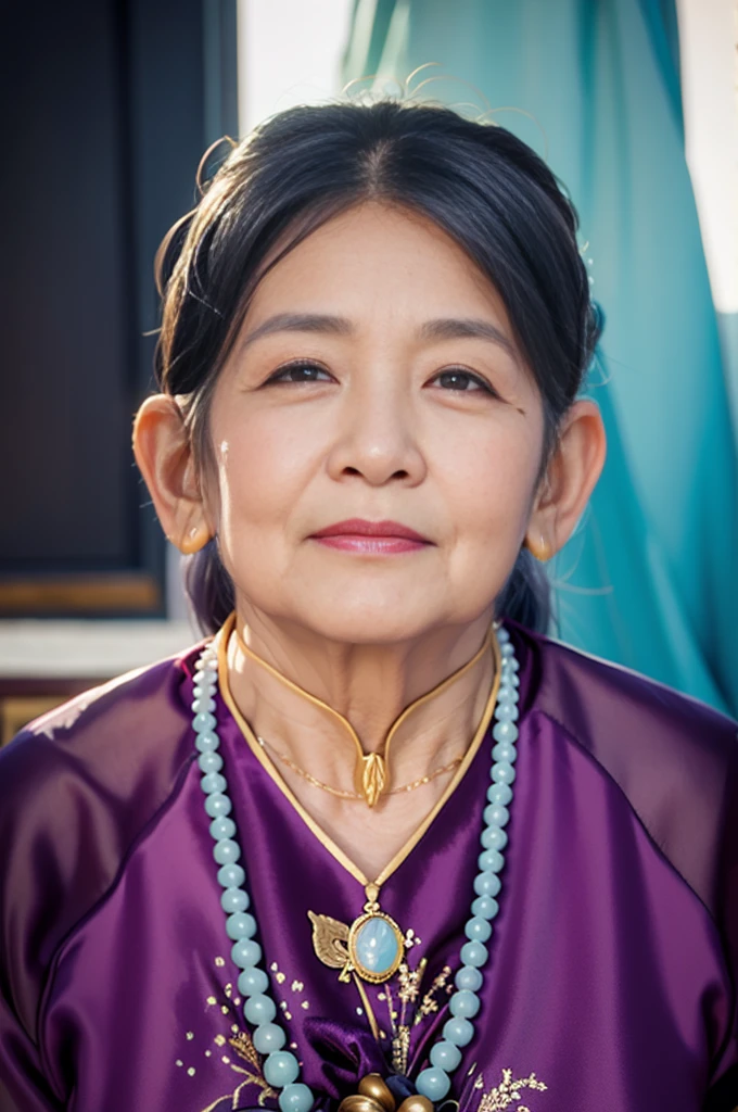 Highly realistic photo, ((masterpiece), (best quality), (raw photo), (photorealistic:1.4), Portrait of a 85 year old Vietnamese woman, ((wearing a purple velvet Vietnamese aodai)) , ((gray hair)), gold necklace and beaded necklace, (light blue background) , photo taken by Sony A7IV
