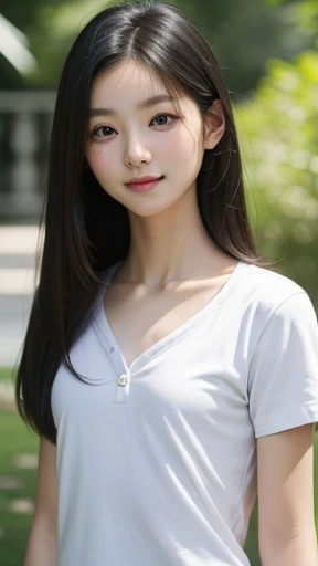 Tabletop, (Top Quality), (Masterpiece) Realistic, realistic, highly detailed, finely detailed, high resolution, 8k wallpaper,,anatomically correct body,symmetrical eyes, one cute girl, (Korean woman: 1.4), (: 1.4), (Black hair: 1.3), (Straight long hair: 1.4), (Skinny: 1.3), 150cm tall, she is short, T-shirt, sharp focus, perfect dynamic composition, fine and beautiful eyes, slim body, (Small chest: 1.4), (Small chest: 1.4), (Small chest: 1.4), (Small chest: 1.4), Thin hair, Detailed and realistic skin texture, smiling, standing pose,( Bust Shot: 1.4),Summer park,Bright sunlight