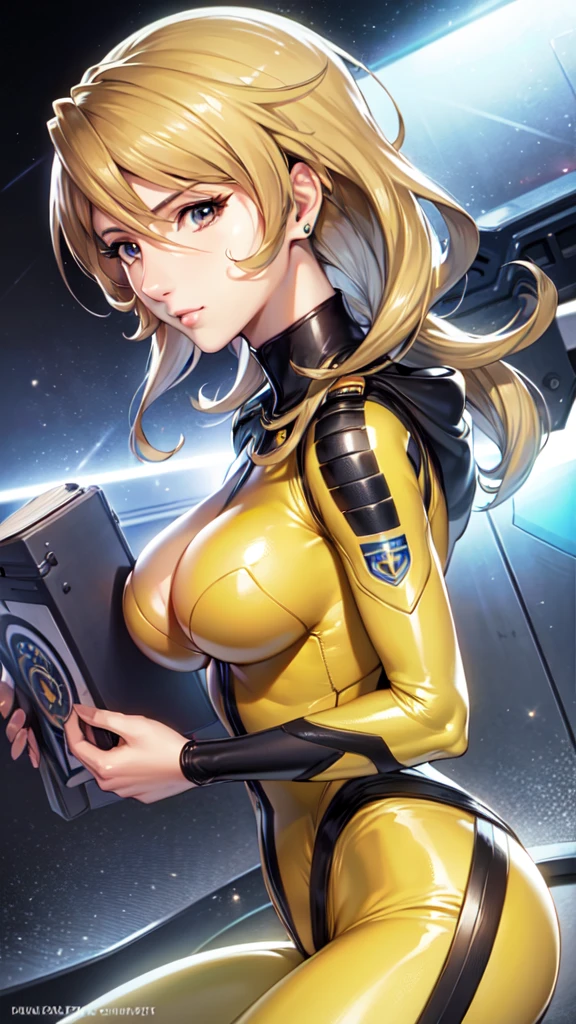 Mature Woman, Woman in a futuristic suit, highly Detailed face, Nice, Mother, (Mature Woman), Adult face, (Mature Woman), Cyber Suit, Anime girl in a tight suit, Milfication, Elegant body, Focus on the navel, nude, gloves, Earrings, sf, Female protagonist, Volumetric Light, Detailed lighting, Detailed Texture, BoobsCyberpunk, Biomechanical , masterpiece, (Top quality eyes), Detailed face, sfの背景, Futuristic landscape, (((Yellow bodysuit))), (Chuby), (((High quality face))), (((High resolution face)))、White suit