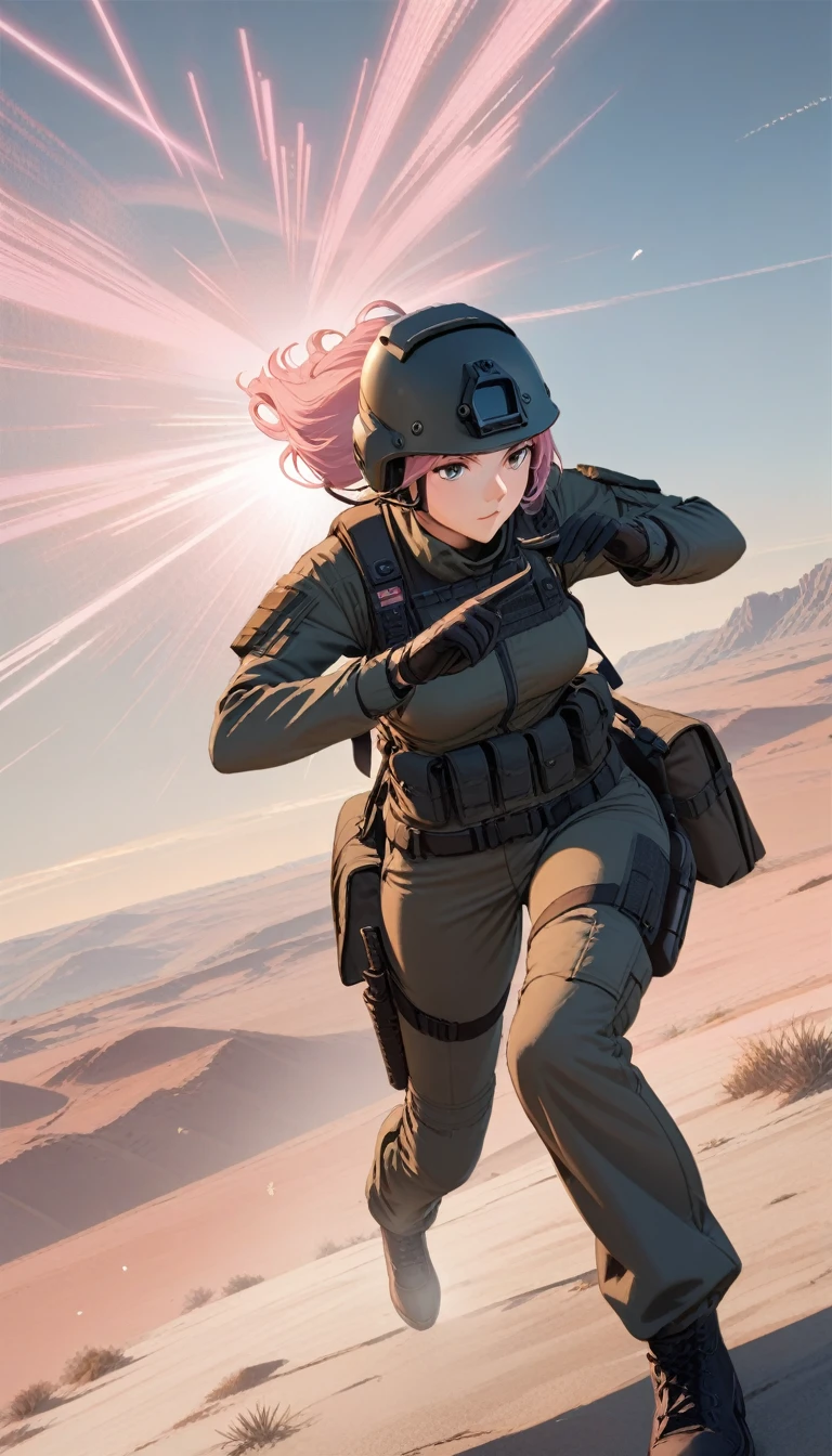 Metal Gear Solid style, (detailed intricate full cover tactical helmet:1.3), (Pink Hair), Cowboy shooting, Dynamic poses, 1 Girl, Solitary, Ray Tracing, (masterpiece), (best quality), (detailed), (detailed tactical gear:1.1), (Body Protectors:1.1), Combat pants, Gloves, (Intricate background:1.1),