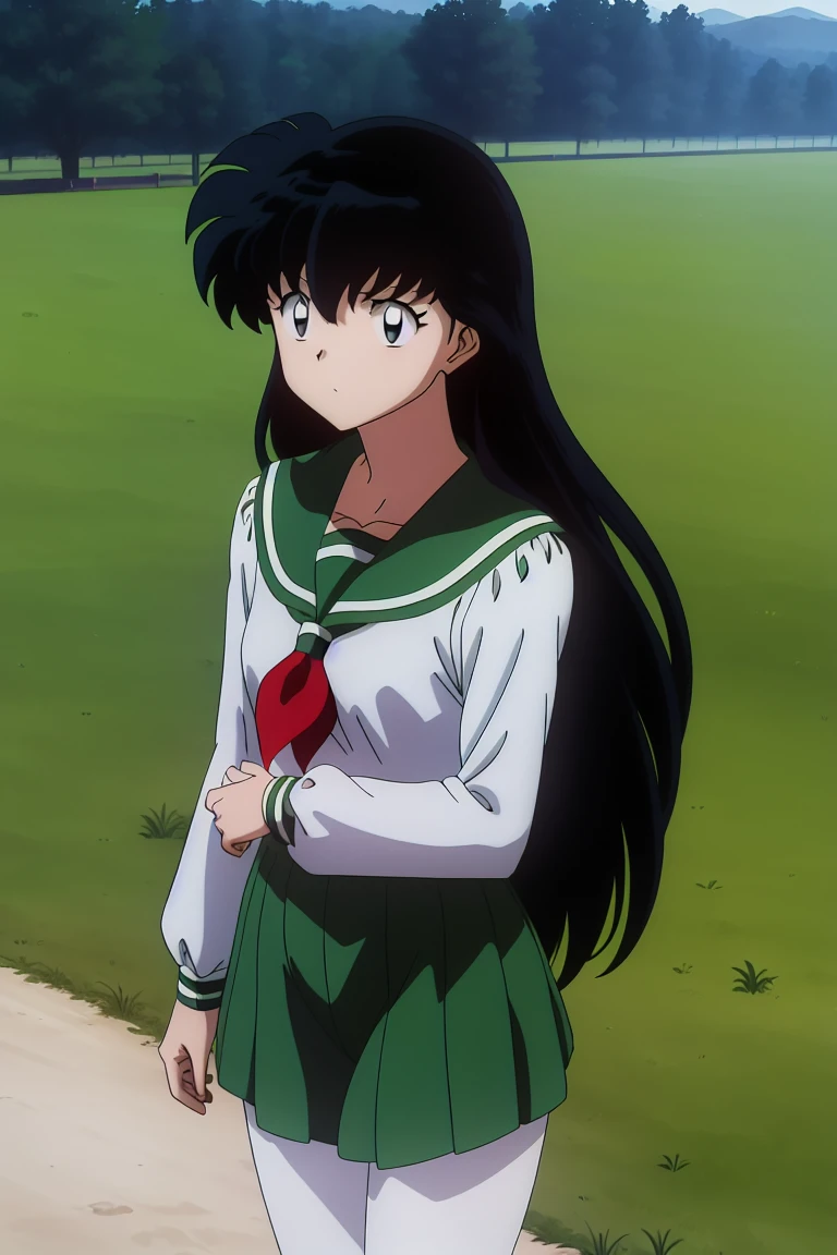 (Masterpiece: 1.6, Best Quality), (Fine Beautiful Eyes: 1.2), (best quality, masterpiece, highres), kagome higurashi, 1girl, solo, green , soft thighs , long sleeves, white socks, scenery , Best Quality, ((anime)) ((Colored)) HD, ,Standing, Green skirt, Red scarf, long hair, Black hair between the eyes, Thighs are soft, school background , green pantyhose