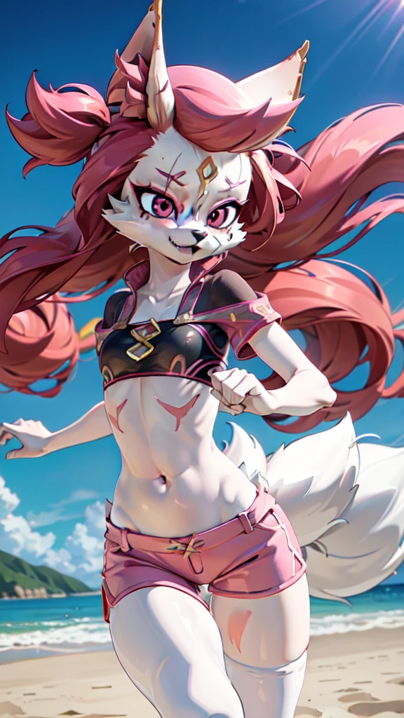 Kimiko Five-Tails, furry female anthro, fox girl, white body fur, pink hair, ((sunglasses, pink shirt and knot in middle, blue shorts)), small breasts, detailed body fur, detailed body, detailed face, detailed eyes, glistering body, shiny body, skinny, :3, multiple tails, multi tail, solo, body fur, (best quality), cinematic lighting, anime style, short ponytail, scar on the eye, 2D, beach, clear sky, solo,