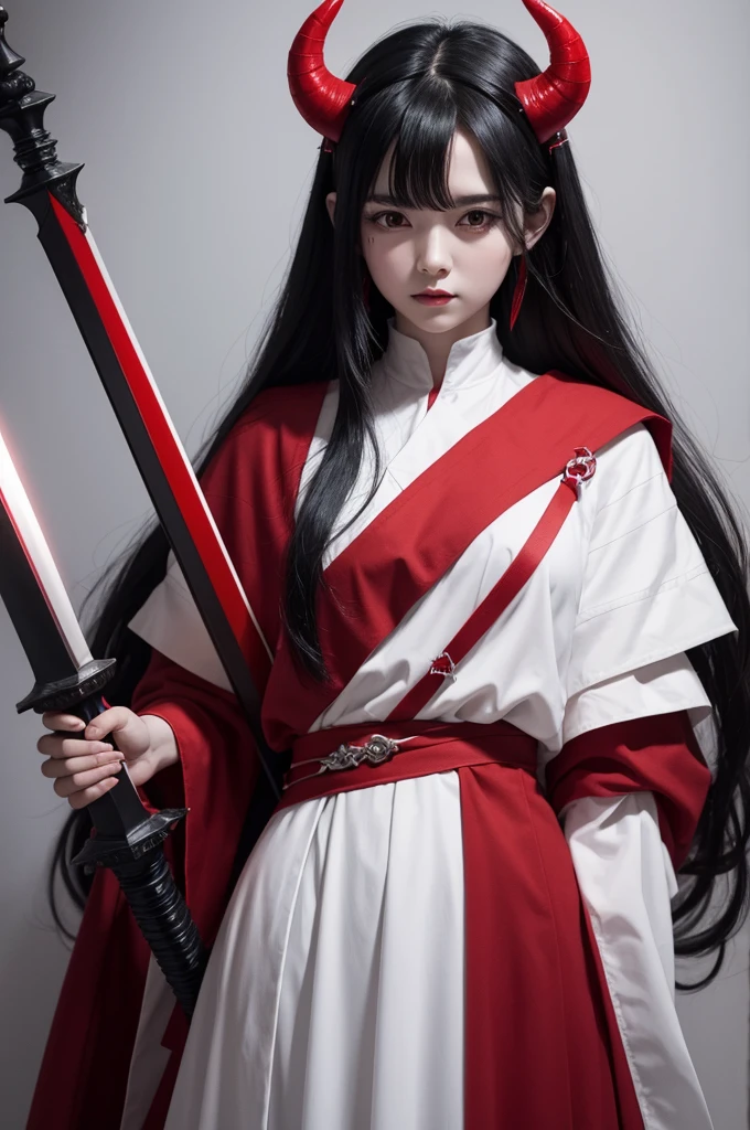 Black hair red horns white skin red clothes with black sword on back crown on head woman