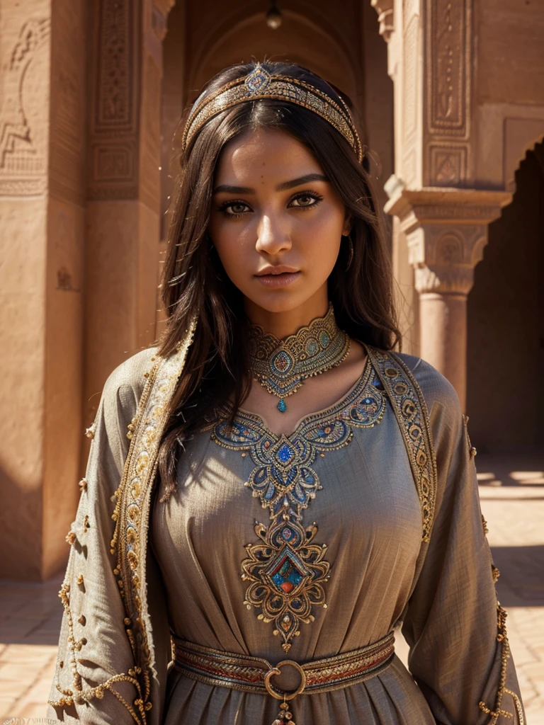 intricate moroccan caftan dress, beautiful detailed eyes, beautiful detailed lips, extremely detailed eyes and face, longeyelashes, 1girl, digital illustration, oil painting, vibrant colors, warm lighting, ornate patterns, flowing fabric, moroccan architecture, desert landscape, (best quality,4k,8k,highres,masterpiece:1.2),ultra-detailed,(realistic,photorealistic,photo-realistic:1.37),portrait,vivid colors,ornate,dramatic lighting