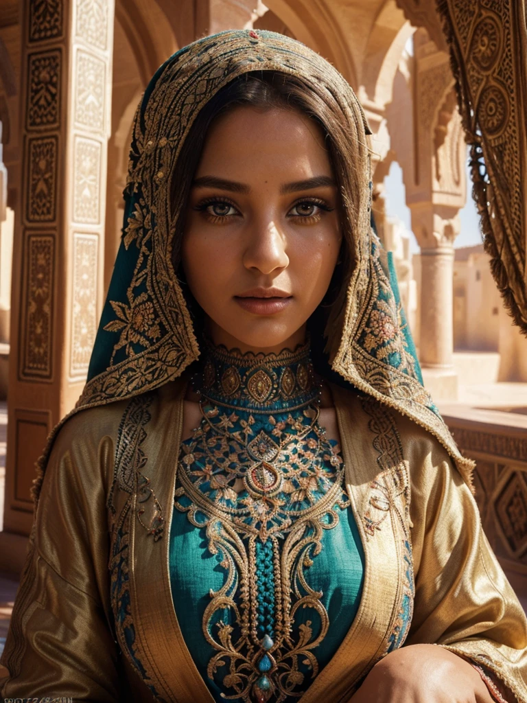 intricate moroccan caftan dress, beautiful detailed eyes, beautiful detailed lips, extremely detailed eyes and face, longeyelashes, 1girl, digital illustration, oil painting, vibrant colors, warm lighting, ornate patterns, flowing fabric, moroccan architecture, desert landscape, (best quality,4k,8k,highres,masterpiece:1.2),ultra-detailed,(realistic,photorealistic,photo-realistic:1.37),portrait,vivid colors,ornate,dramatic lighting