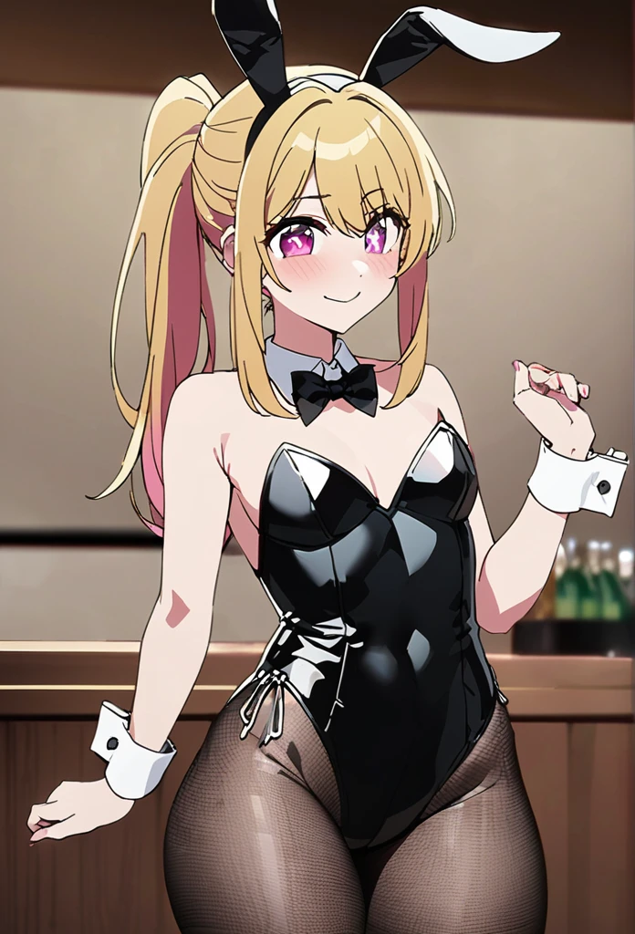 Blonde、Highest quality、high resolution、8K,Highest quality、Star-shaped pupil、The best smile、long hair、Pink Eyes、ponytail、Cowboy Shot、One person、playboy bunny,rabbit ears, black rabbit ears, fake rabbit ears, pantyhose, black pantyhose,bowtie, wrist cuffs, black leotard, 