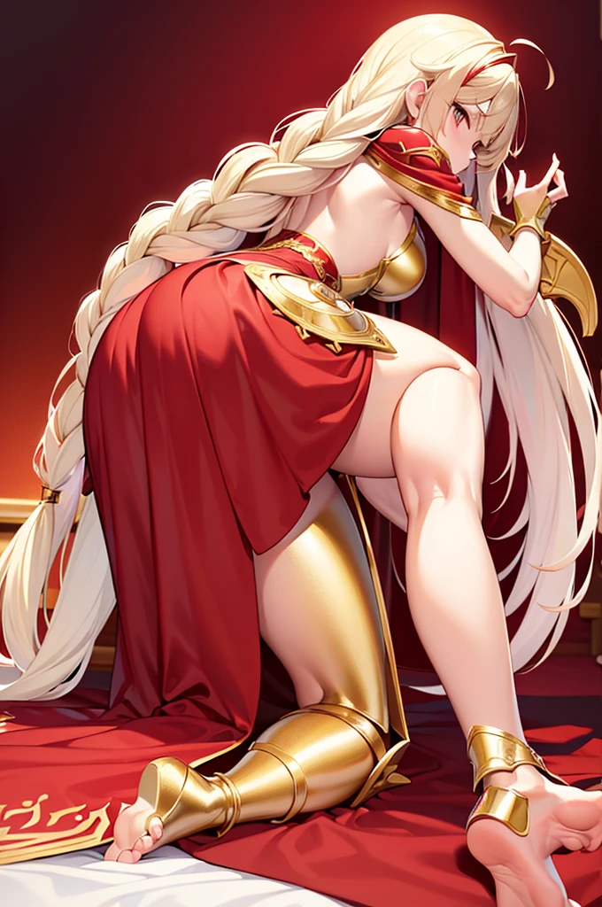 extremly detaled, dynamic back kneel pose, bare feet, detaled feet, ,goddess, gold detaled armor with red finish, long white hair, red cape and scarf, gold hair clip, gold heavy body cover armor with red finish, show big ass and pussy, orginal hairstyle with braids