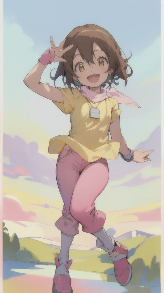 Top quality, masterpiece, high resolution, details, Top quality, masterpiece, high resolution, details, perfect anatomy, (cute girl), smiling, HikariDigi, open mouth, yellow sleveless shirt, pink pants, rubber boots, shoes, sky, solo,Background is blue sky, upper body、Kindergartener, 