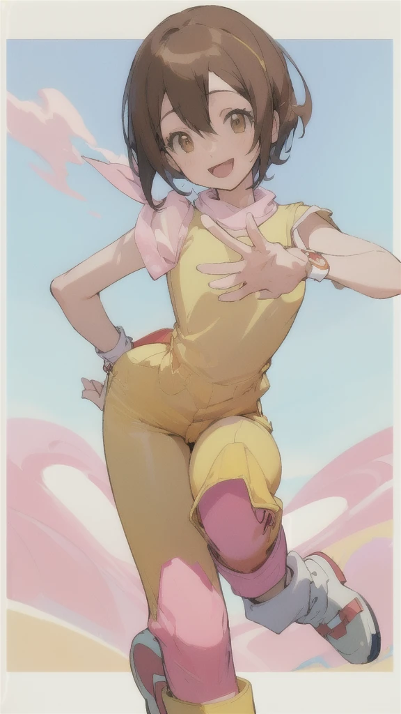 Top quality, masterpiece, high resolution, details, Top quality, masterpiece, high resolution, details, perfect anatomy, (cute girl), smiling, HikariDigi, open mouth, yellow sleveless shirt, pink pants, rubber boots, shoes, sky, solo,Background is blue sky, upper body、ergartener, 