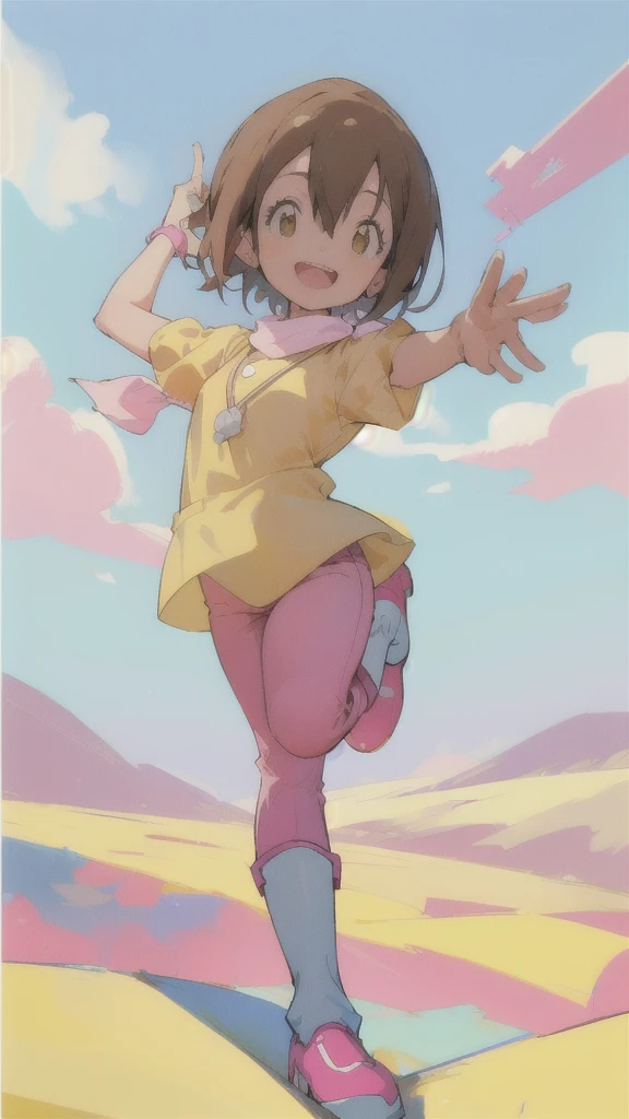 Top quality, masterpiece, high resolution, details, Top quality, masterpiece, high resolution, details, perfect anatomy, (cute girl), smiling, HikariDigi, open mouth, yellow sleveless shirt, pink pants, rubber boots, shoes, sky, solo,Background is blue sky, upper body、ergartener, 