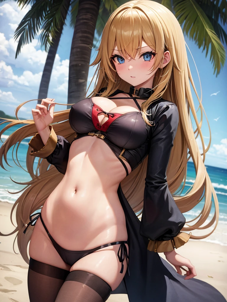 neko girl long blonde hair,blue eyes,big chest,sexy,dressed as a sexy red pirate ,on the beach