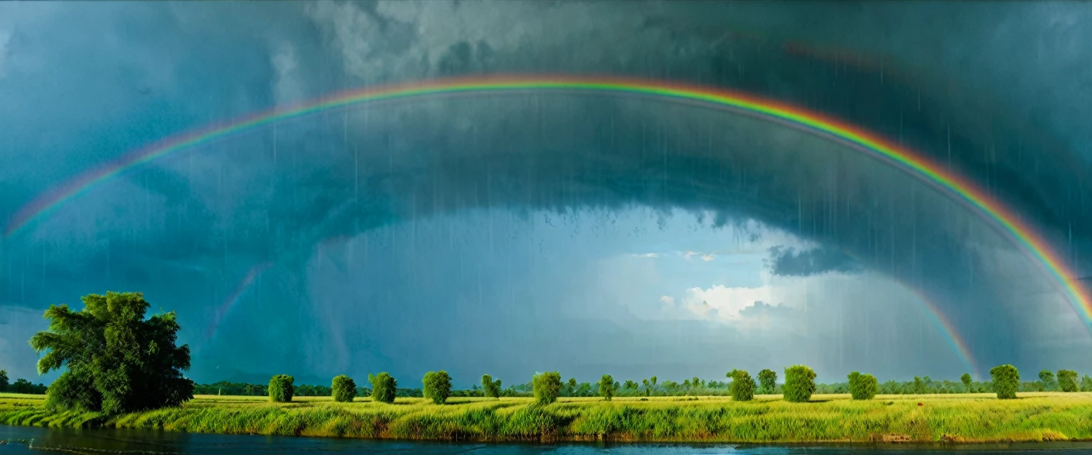river side , blue sky in background , heavy rain , ultrawide shot , rain drops , rainbow , cinematic , colorful