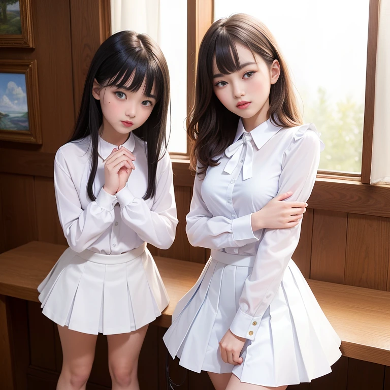 (masterpiece、Highest quality:1.7)、(13 years old:1.5)、(Two girls are pictured:1.8)、(Above the knee shot:1.5)、Bobcut、Black Hair、85mm、16K、Official Art、RAW Photos、Best Beautiful Faces、Close-up、Violet、Gardenia、(The best beautiful girl、very cute)、Red blush on cheeks、indoor、(Are standing:1.8)、Film Grain、Chromatic Aberration、Sharp Focus、(((Nice hands、Perfect hands、Perfect Fingers、Thin and delicate fingers、A perfect body without flaws)))、Detailed face、(Slender body:1.5)、(Slender body:1.4)、(Small breasts:1.7)、(Let your bangs hang down:1.8)、(Blushing:1.8)、(Low contrast lighting:1.2)、(White tight business blouse with collar:1.5)、(White bow tie blouse:1.3)、(Long sleeve: 1.3)、(White pleated mini skirt:1.5)、(Eyes closed:1.5),(Touch your chest:1.5)