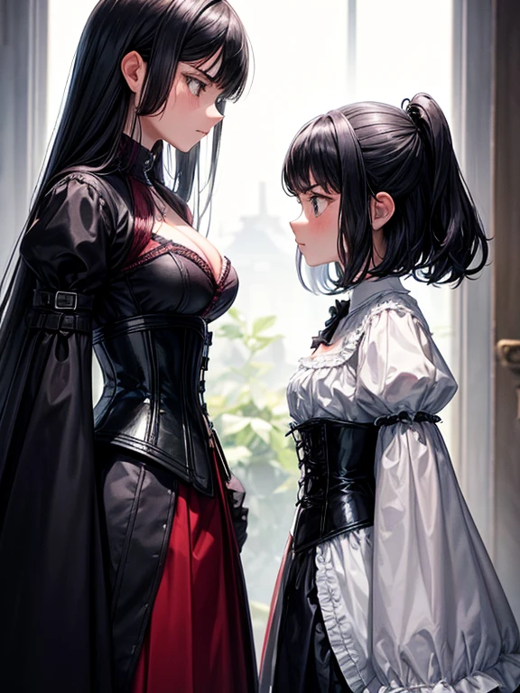 A brown haired vampire with red eyes wearing a gothic dress is hugging a pink haired woman with violet eyes with an hourglass figure in nice gowns
