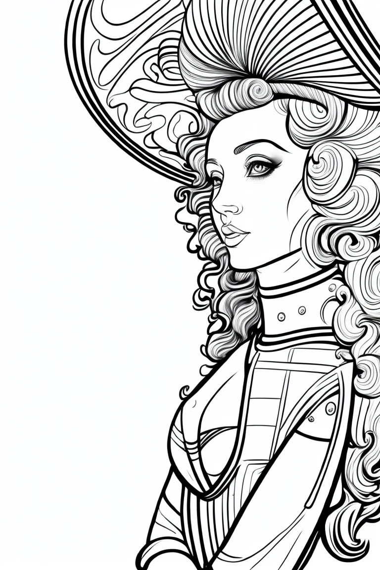 clean black and white only, coloring page for adults, simple cartoon like, beautiful cyberpunk woman, with hat, with beautiful eyes and full curly hair or straight hair, thick lines, low detail, flawless line art, --ar 9:11 monochrome