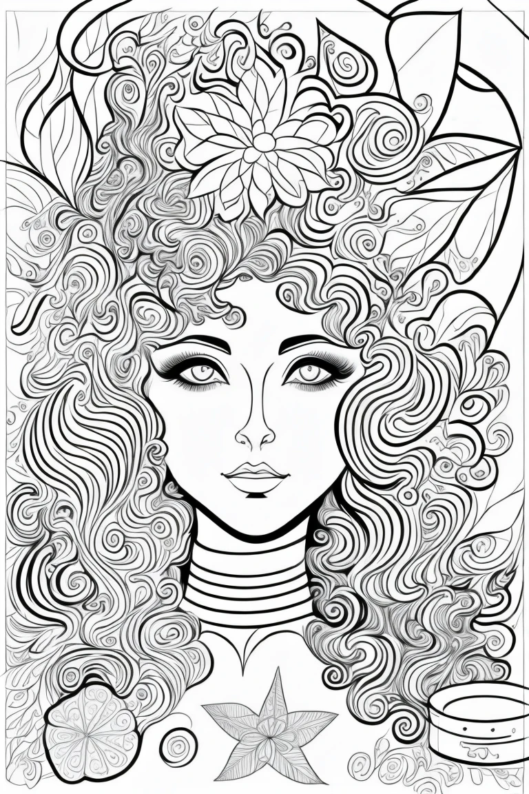 clean black and white only, coloring page for adults, simple cartoon like, beautiful cyberpunk woman, with hat, with beautiful eyes and full curly hair or straight hair, thick lines, low detail, flawless line art, --ar 9:11 monochrome