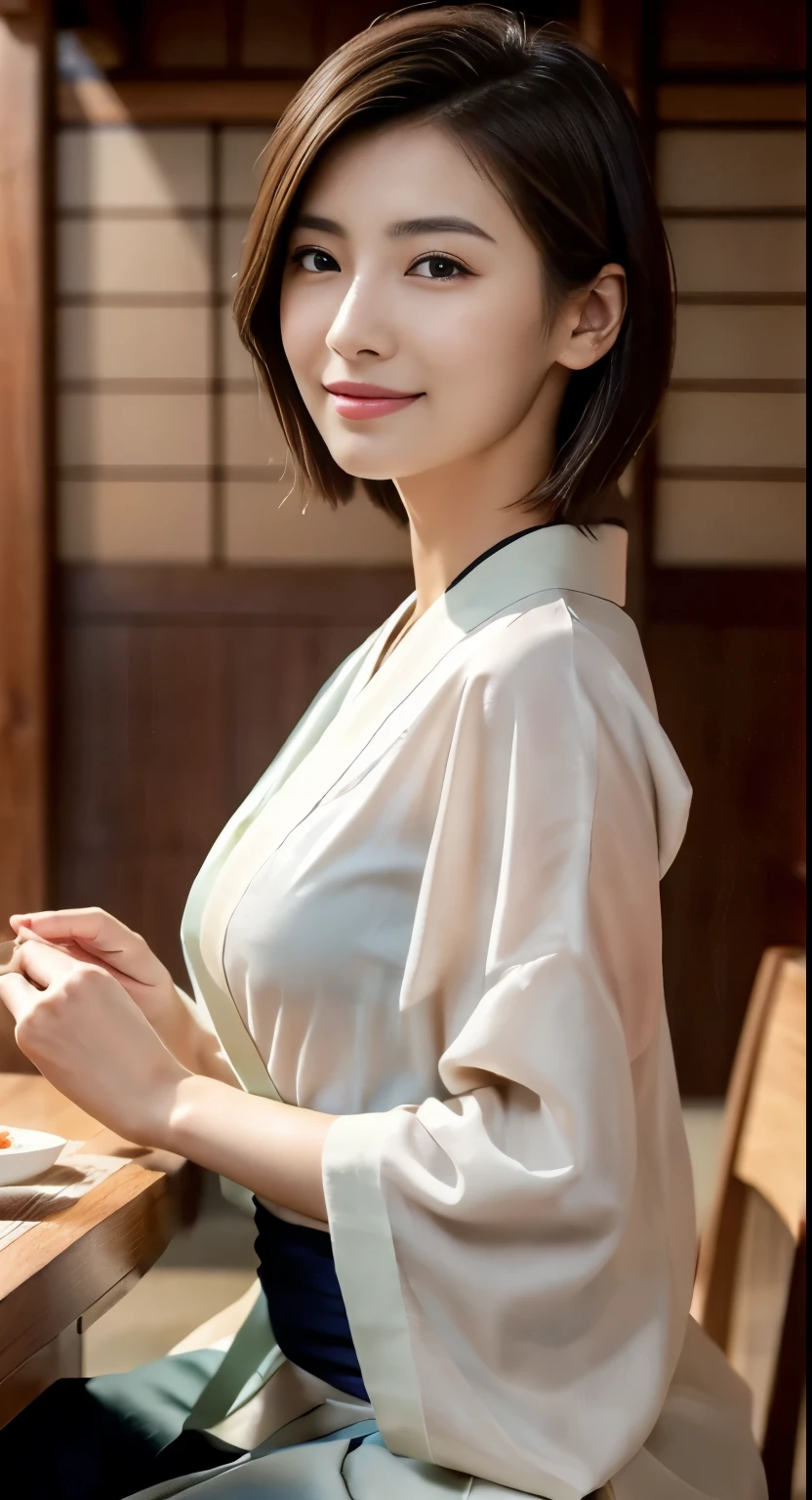 Photorealistic beautiful female student、18-year-old、smile、amazingly beautiful、Extremely high quality transparency、beautiful body、(highest quality、8K、32k、masterpiece、nffsw:1.3)、ultra high resolution,(Photoreal:1.4),RAW photo, detailed face,,beautiful hair, ((Doctor Style)), ,very short hair 、very short hair、clean breasts、Amazingly beautiful double eyelids、 natural makeup,, small perfect breasts, wet hair、detailed background, perfect lighting, Depth of written boundary, beautiful shadow gradation、thin limbs、thin thighs、((whole body))、((kimono、kimono))、wet body、((Japanese Restaurant、Japanese sushi restaurant、table、sushi、seat))、Beautiful and slim perfect body、beautiful high nose、Trimmed thin pubic hair、How many clothes seen from the side