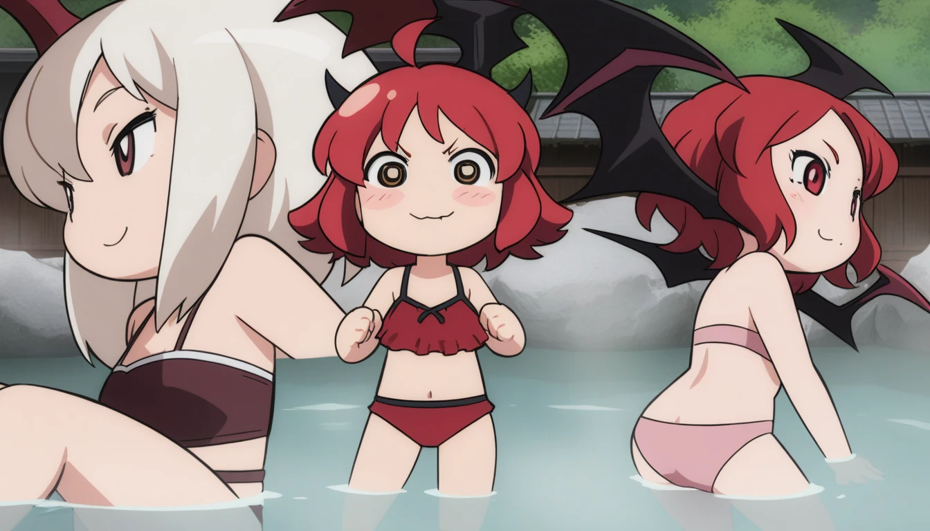 Masterpiece, best quality, very aesthetic, absurdres, create an image of a 2 female anime characters; the heroine, with white long hair, wearing white bikini. and the demon lord, with red short hair, wearing red bikini, both of them take a dip on outdoor onsen. all depicted in anime comedy chibi art style. chibi anime digital art, expressive chibi anime art, dynamic composition, anime style, highly detailed,