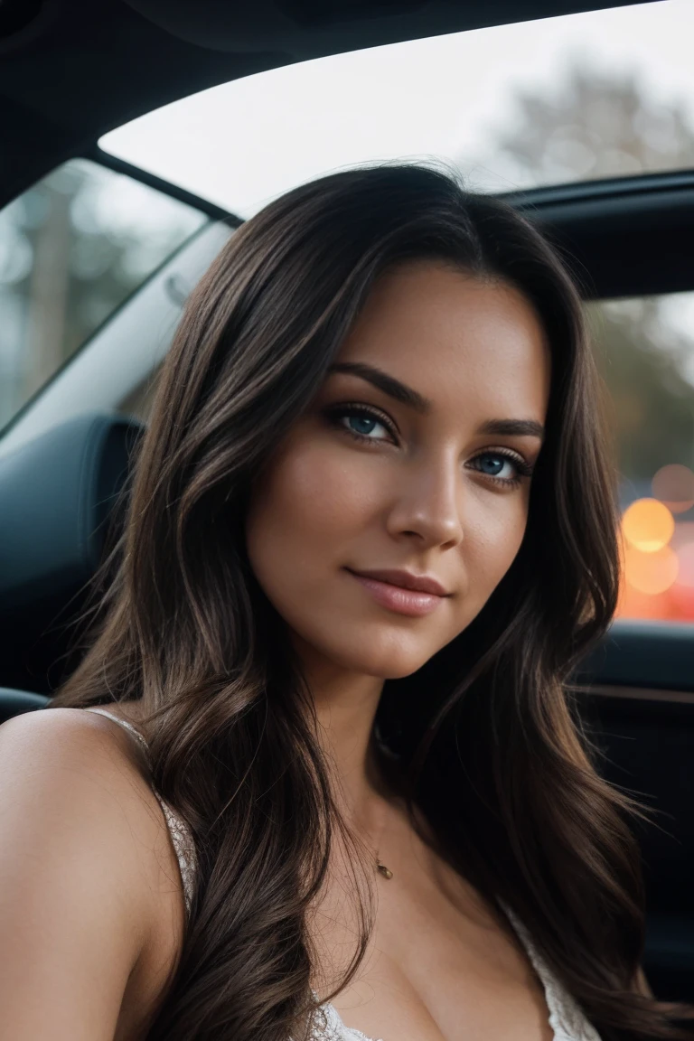 Beautiful brunette with blonde highlights, long red dress ,sitting in luxury car , dark aesthetic lights, very detailed, 22 years old, face innocent, Natural wavy hair, blue eyes, high resolution, masterpiece, best quality, Complicated high level of detail, muito detalhado, keen focus, detailed skin, realistic skin Textur, Textur, detailled eyes, Specialist, 4K, charming smile , filmed with Canon, 85 mm, shallow depth of field, Kodak Vision Color, perfectly fitting body, Extremely detailed, fotografiar_\(ultra\), photorealestic, realisti, Aftercare, maximum details, roughness, true life, ultra realist, Photo-realism, fotografia, 8K UHD, fotografia, ((Body image)), masterpiece, best quality, ultradetailed, Natur, cheerful, Happy, shade, contrast, clear sky, Stil, (warm hue, warmer Ton: 1.2), close up shot, cinematic light, sidelighting, ultrahigh resolution, bester shade, SPIRIT, Face part, serious look, Normal breasts, 4K, Natur, Lace, dark evening , traffic lights , Selfie, late night drive