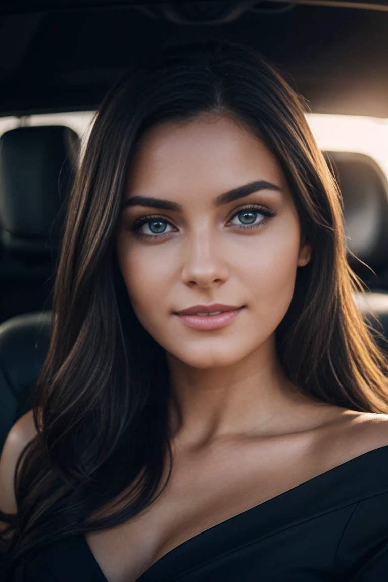 Beautiful brunette with blonde highlights, long red dress ,sitting in luxury car  , dark aesthetic lights, very detailed, 22 years old, face innocent, Natural wavy hair, blue eyes, high resolution, ​masterpiece, best quality, Complicated high level of detail, muito detalhado, keen focus, detailed skin, realistic skin Textur, Textur, detailled eyes, Specialist, 4K, charming smile , filmed with Canon, 85 mm, shallow depth of field, Kodak Vision Color, perfectly fitting body, Extremely detailed, fotografiar_\(ultra\), photorealestic, realisti, Aftercare, maximum details, roughness, true life, ultra realist, Photo-realism, fotografia, 8K  UHD, fotografia, ((Body image)), ​masterpiece, best quality, ultradetailed, Natur, cheerful, Happy, shade, contrast, clear sky, Stil, (warm hue, warmer Ton: 1.2), close up shot, cinematic light, sidelighting, ultrahigh resolution, bester shade, SPIRIT, Face part, serious look, Normal breasts, 4K, Natur, Lace, dark evening , traffic lights , Selfie, late night drive