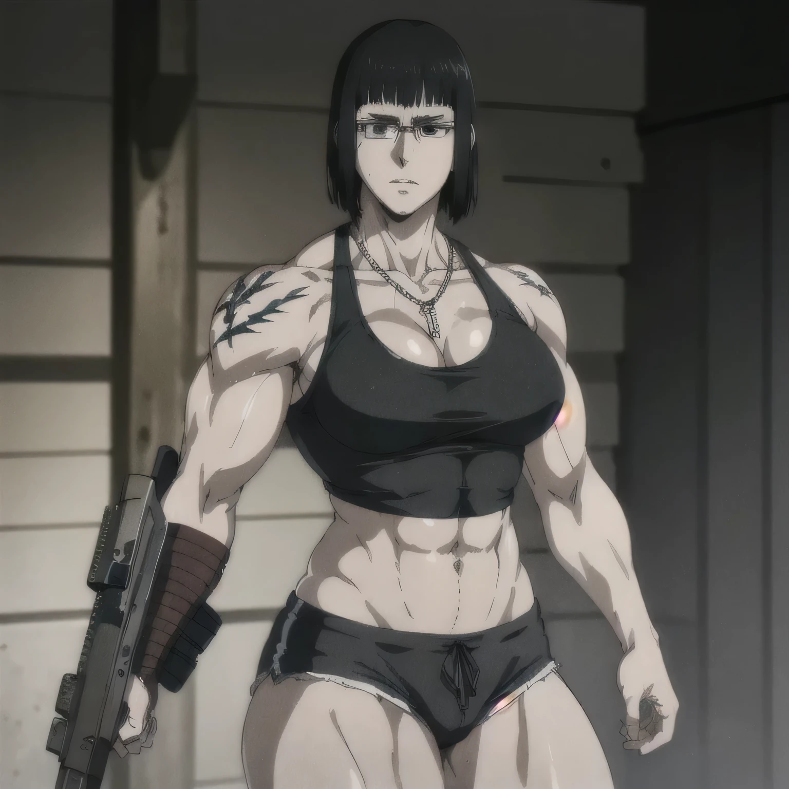(best quality,ultra-detailed,realistic:1.37),musclaur badass girl with sculpted body with preview her musclaur body and six-pack, full review of the female character's face and body, intense expression, strong and confident posture, studio lighting, vivid colors, physiologically-based rendering, grungy texture, rugged background, dust particles in the air, commanding presence, professional, powerful, gritty aesthetics,,Valmet،short hair,necklace,Light reflection on shoulders,Sweat in muscles،،wearing black sport shorts and midriff tank top, tattoos on shoulders،Fat free body,Hand veins,,valmet with a penis,penis growth inside shorts, Valmet Tied from above