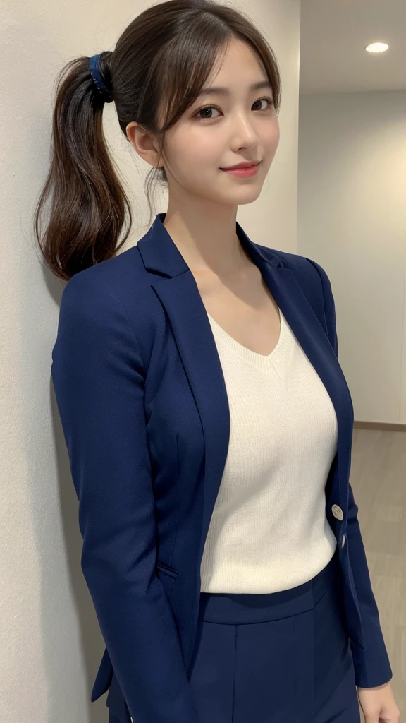 Highest quality,Very detailed,finely,High resolution,8k wallpaper,Perfect dynamic composition,office lady,Navy Blue Blazer,whole body,Are standing,Facing forward,Knitwear,Beautiful clavicle,Hair loss,Amazing beautiful eyes,Natural Lip,(Small breasts:1.3,suit,smile,ponytail,White wall,Long Hair,Medium Hair,Shortcuts,Thin,Light clothing,No sleeve,shirt