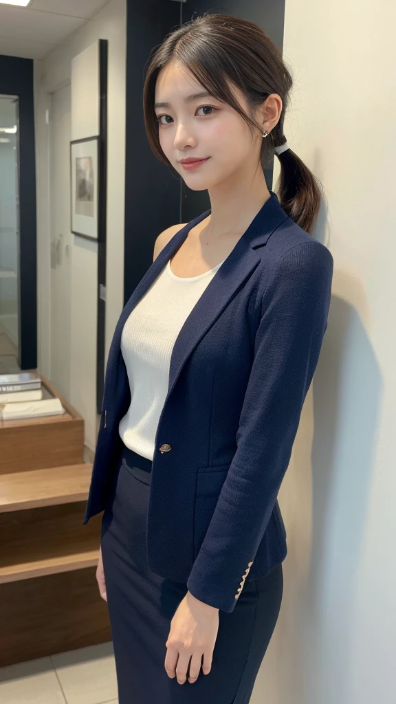 Highest quality,Very detailed,finely,High resolution,8k wallpaper,Perfect dynamic composition,office lady,Navy Blue Blazer,whole body,Are standing,Facing forward,Knitwear,Beautiful clavicle,Hair loss,Amazing beautiful eyes,Natural Lip,(Small breasts:1.3,suit,smile,ponytail,White wall,Long Hair,Medium Hair,Shortcuts,Thin,Light clothing,No sleeve,shirt