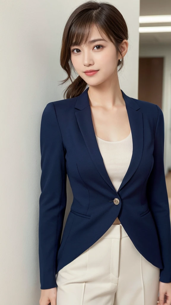 Highest quality,Very detailed,finely,High resolution,8k wallpaper,Perfect dynamic composition,office lady,Navy Blue Blazer,whole body,Are standing,Facing forward,Knitwear,Beautiful clavicle,Hair loss,Amazing beautiful eyes,Natural Lip,(Small breasts:1.3,suit,smile,ponytail,White wall,Long Hair,Medium Hair,Shortcuts,Thin,Light clothing,No sleeve,shirt