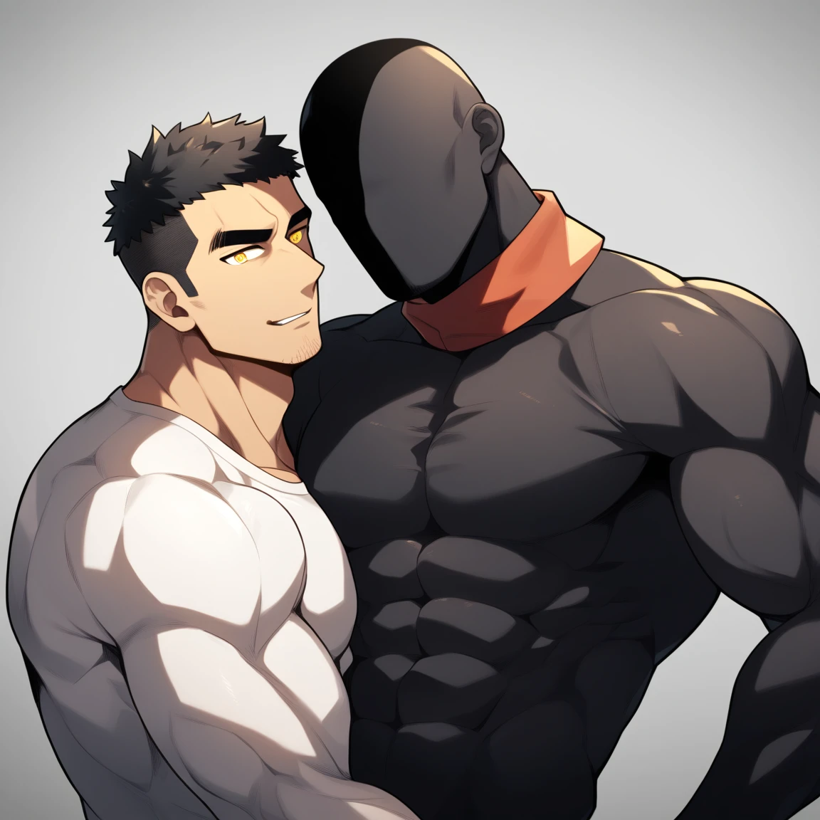 anime characters：Two superheroes in tights, Muscle Sports Student and Muscle No Face No Eyes skinhead superhero, No Face，negro black skin, They hugged and kissed each other, Bite your neck, Caress, Manliness, male focus, Yellow and black high collar long sleeve tight T-shirt, Slightly transparent material, Very tight, Round, full and perky chest muscles, Muscle waist, Slightly transparent, muscular male, muscular, only, Upper body, alone, Black short hair, Thick eyebrows, stubble, Yellow eyes, Grey background, simple background, amazing quality, best aesthetics, Ridiculous, bright pupils, crew cut, parted lips, seductive smile, torogao, naughty face, drop shadow, best quality