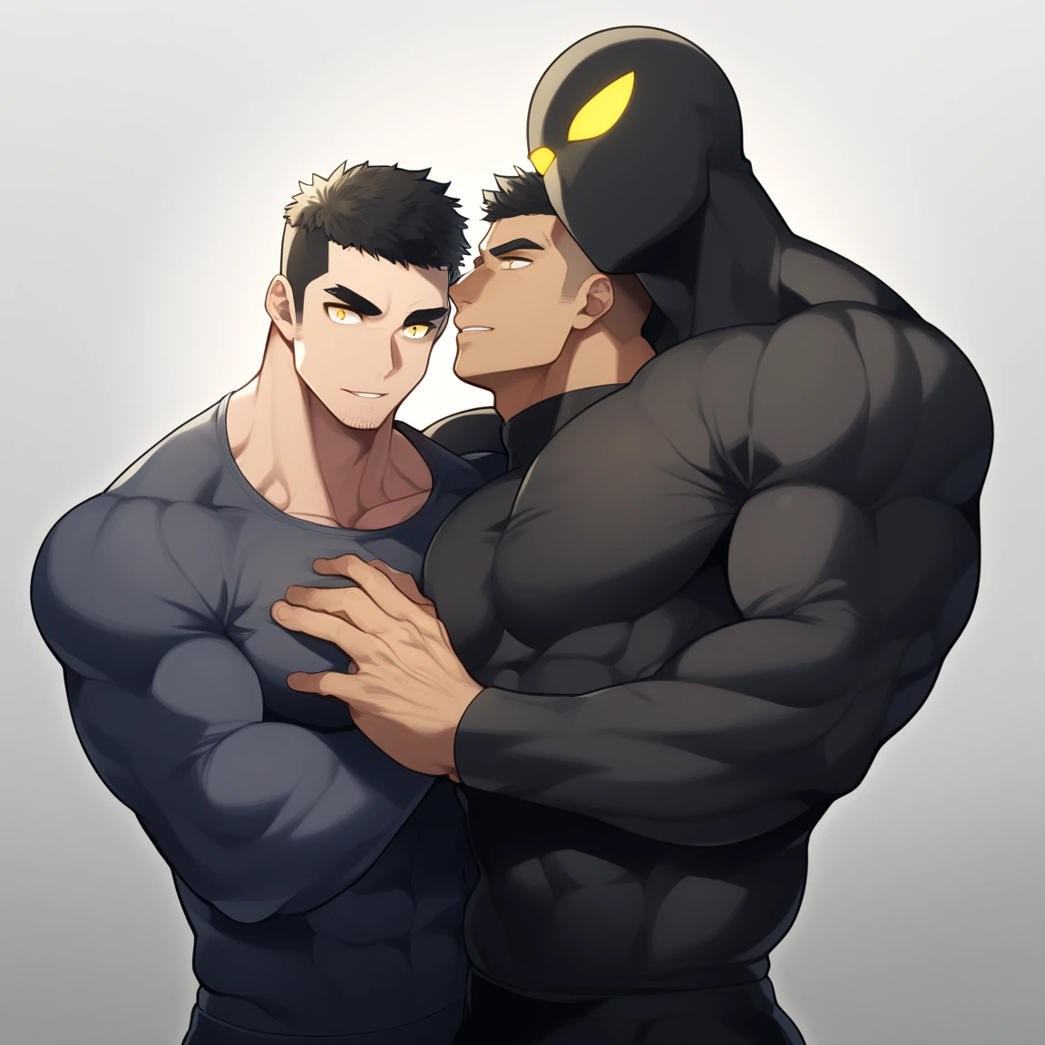 anime characters:Two superheroes in tights, Muscle Sports Student and Muscle No Face No Eyes skinhead superhero, No Face,negro black skin, They hugged and kissed each other, Bite your neck, Caress, Manliness, male focus, Yellow and black high collar long sleeve tight T-shirt, Slightly transparent material, Very tight, Round, full and perky chest muscles, Muscle waist, Slightly transparent, muscular male, muscular, only, Upper body, alone, Black short hair, Thick eyebrows, stubble, Yellow eyes, Grey background, simple background, amazing quality, best aesthetics, Ridiculous, bright pupils, crew cut, parted lips, seductive smile, torogao, naughty face, drop shadow, best quality