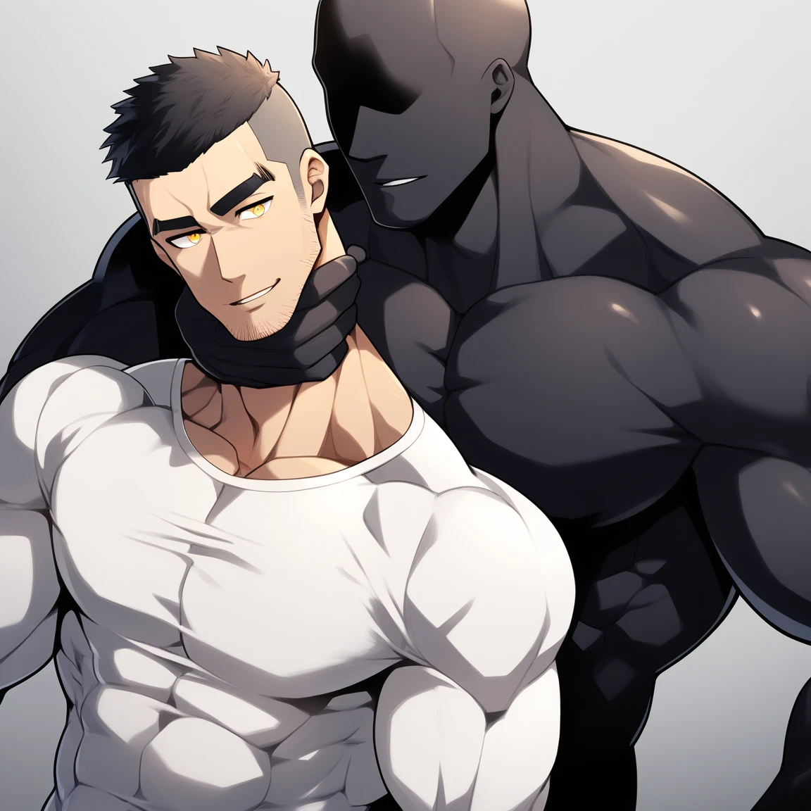 anime characters:Two superheroes in tights, Muscle Sports Student and Muscle No Face No Eyes skinhead superhero, No Face,negro black skin, They hugged and kissed each other, Bite your neck, Caress, Manliness, male focus, Yellow and black high collar long sleeve tight T-shirt, Slightly transparent material, Very tight, Round, full and perky chest muscles, Muscle waist, Slightly transparent, muscular male, muscular, only, Upper body, alone, Black short hair, Thick eyebrows, stubble, Yellow eyes, Grey background, simple background, amazing quality, best aesthetics, Ridiculous, bright pupils, crew cut, parted lips, seductive smile, torogao, naughty face, drop shadow, best quality