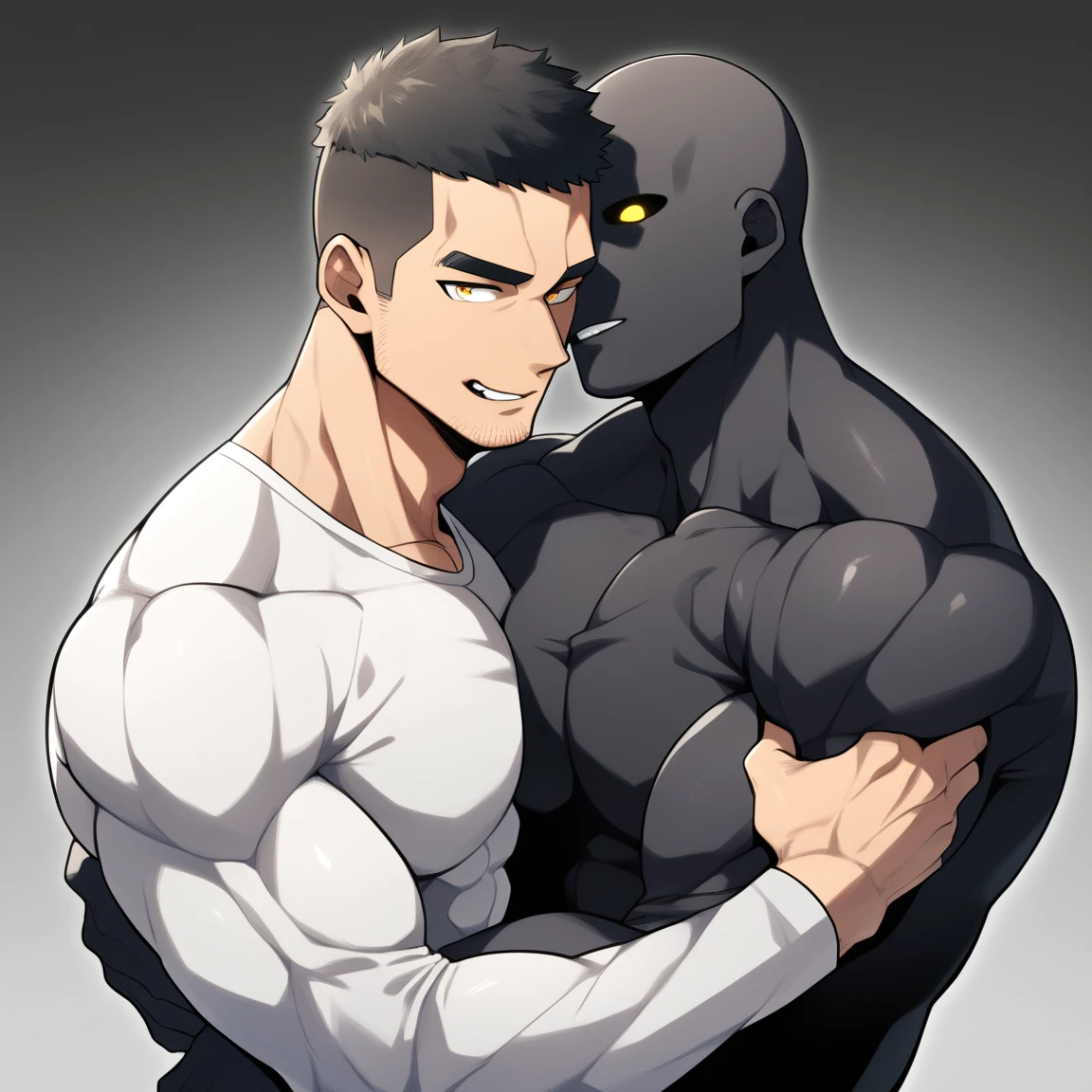 anime characters：Two superheroes in tights, Muscle Sports Student and Muscle No Face No Eyes skinhead superhero, No Face，negro black skin, They hugged and kissed each other, Bite your neck, Caress, Manliness, male focus, Yellow and black high collar long sleeve tight T-shirt, Slightly transparent material, Very tight, Round, full and perky chest muscles, Muscle waist, Slightly transparent, muscular male, muscular, only, Upper body, alone, Black short hair, Thick eyebrows, stubble, Yellow eyes, Grey background, simple background, amazing quality, best aesthetics, Ridiculous, bright pupils, crew cut, parted lips, seductive smile, torogao, naughty face, drop shadow, best quality