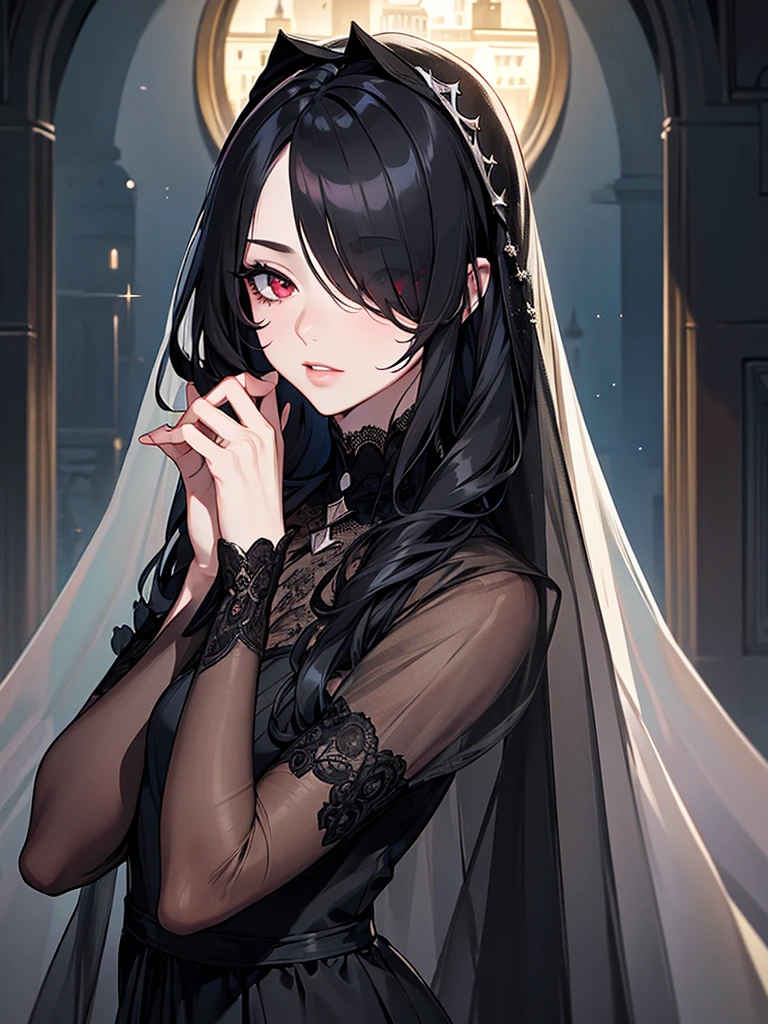 (Super detailed:1.3), ((((best quality)))), ((masterpiece)), female focus, solo,hotify, stunning beauty, powerful glow, detailed face, detailed eyes, detailed lips,castle interior background,(nighttime),moonlight,((black hair)),long hair, black mourning dress,((mourning veil)),red eyes, (pale skin:1.2),melancholic expression,straight bangs,bangs covering forehead,almond-shaped eyes,very cute face,close-up, (hair over one eye),sheer sleeves,2 arms