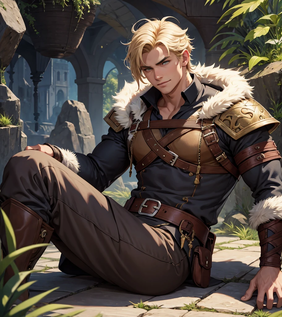 (((Single character image.))) (((1boy))) (((Luxurious hair and sexy smirk.))) (((18 years old.))) (((18yo.))) (((Dressed in medieval fantasy attire.))) (((Looks like Jaco De Bruyen.))) Cute guy. Hot guy.  (((Looks like Adonis.))) (((Dressed in medieval fantasy attire.))) (((Intense, sexy stare.))) (((Beautiful shoulder length blond hair.))) Gorgeous male character with a body that women lust for.  (((Lusty smirk.))) Looks like a fun-loving and heroic male adventurer for Dungeons & Dragons. Looks like a very attractive male adventurer for a high fantasy setting. Looks like a hot boyfriend. Looks like a handsome and rugged male adventurer for Dungeons & Dragons. Looks like a handsome male for a medieval fantasy setting. Looks like a Dungeons & Dragons adventurer, very cool and masculine hair style, black clothing, handsome, charming smile, adventurer, athletic build, excellent physique, confident, gorgeous face, gorgeous body,  detailed and intricate, fantasy setting,fantasy art, dungeons & dragons, fantasy adventurer, fantasy NPC, attractive male in his mid 20's, ultra detailed, epic masterpiece, ultra detailed, intricate details, digital art, unreal engine, 8k, ultra HD, centered image award winning, fantasy art concept, digital art, centered image, flirting with viewer, best quality:1.0,hyperealistic:1.0,photorealistic:1.0,madly detailed CG unity 8k wallpaper:1.0,masterpiece:1.3,madly detailed photo:1.2, hyper-realistic lifelike texture:1.4, picture-perfect:1.0,8k, HQ,best quality:1.0,