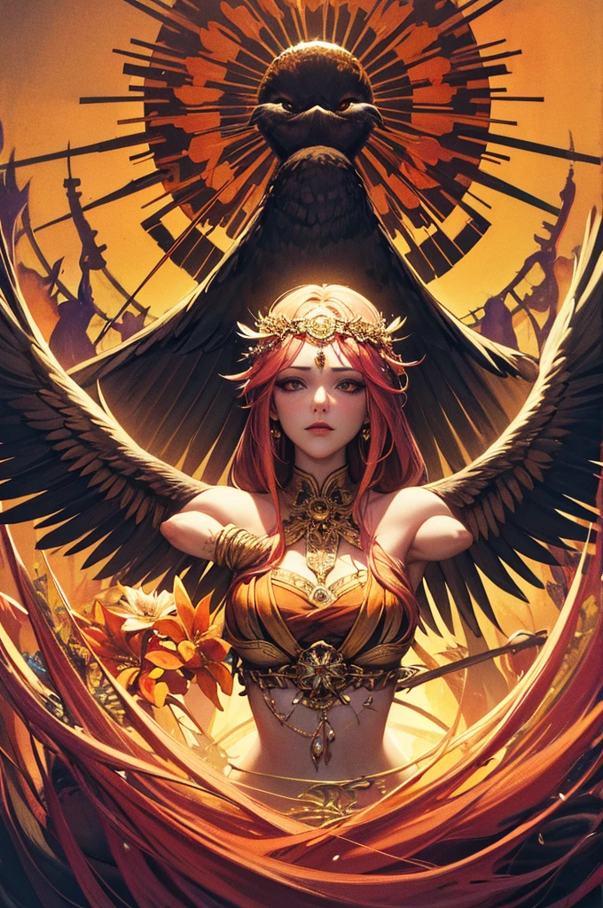 Official Art, Unified 8k wallpaper, Super detailed, beautiful Beauty, beautiful, masterpiece, Highest quality, (Tangled, Mandala, Tangled, Intertwined), (Flower Ecstasy: 1.2) Dynamic Angle, Cowboy Shot, The Most beautiful Chaotic Forms, grace, Fauvist design, Bright colors, Romanticism, atmosphere, Golden Crow, Sun God, feather, fire,