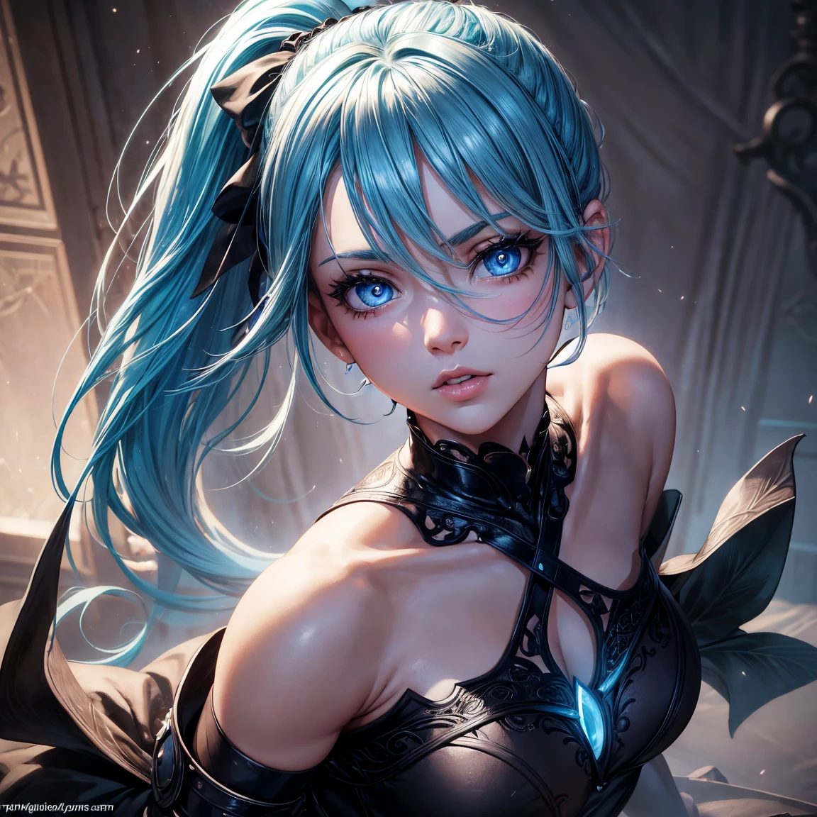 a young girl, 1girl, light blue short ponytail hair, light blue hair!!!, without breasts, blue eyes, little black tight top, little black tight shorts, full body, full body dark forest, incredibly sexy body, detailed face, beautiful detailed eyes, beautiful detailed lips, extremely detailed eyes and face, long eyelashes, intricate details, highly detailed, photo realistic, 8k, best quality, masterpiece, cinematic lighting, dramatic lighting, vibrant colors, fantasy, digital art, concept art