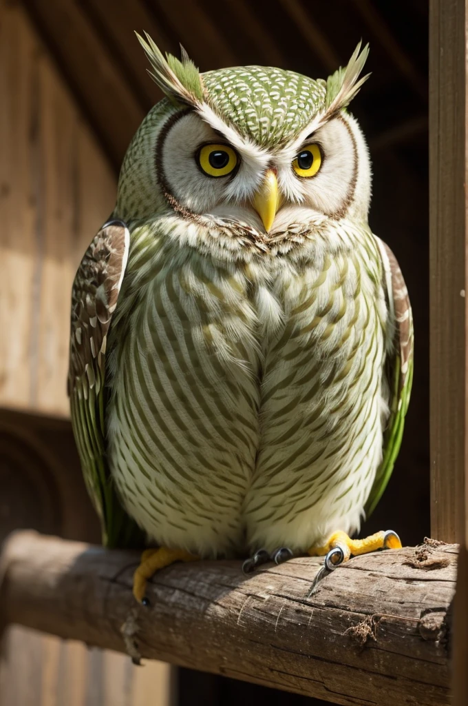 I want a green owl sitting eating drover