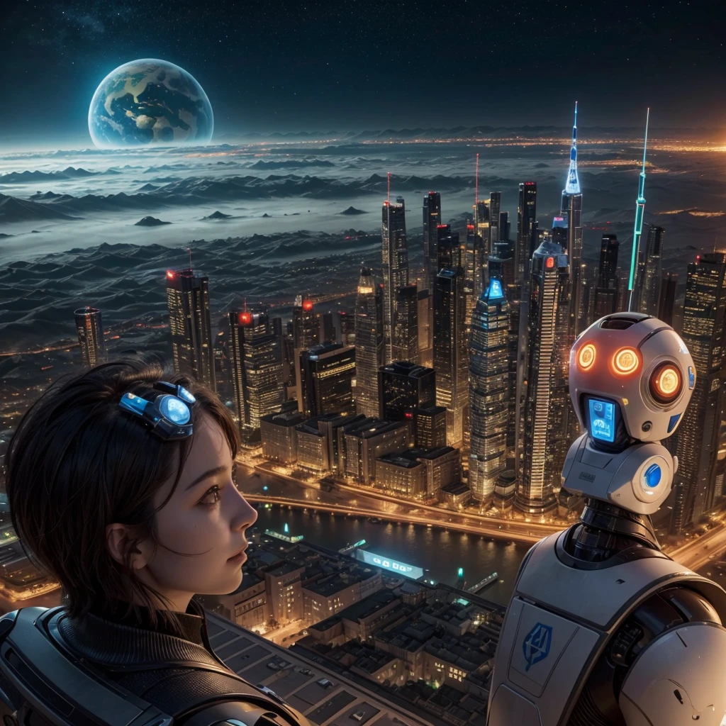 A city,with robots,with artificial intelligence,with mars backdrop,com bitcoin azul,and a healthy world and a world of peace