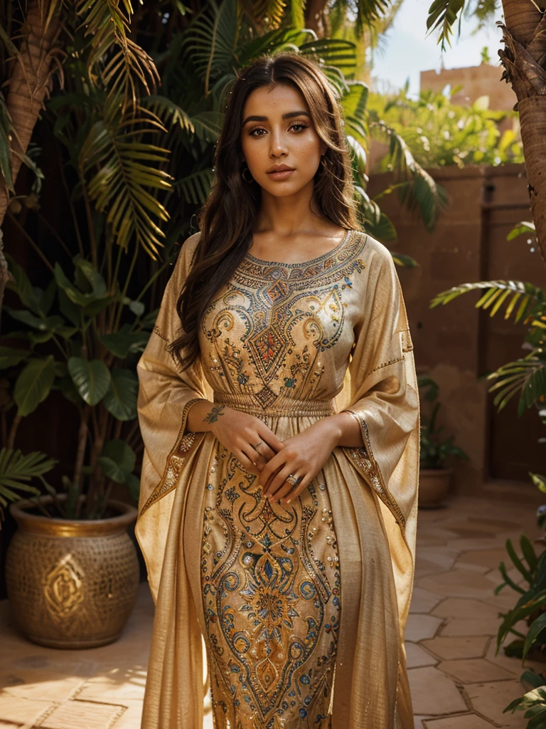 1 woman in a maroccan caftan dress, beautiful detailed eyes, beautiful detailed lips, extremely detailed face, intricate henna tattoos, standing in a lush garden in marrakech, morocco, golden hour lighting, vibrant colors, cinematic lighting, photorealistic, 8k, masterpiece