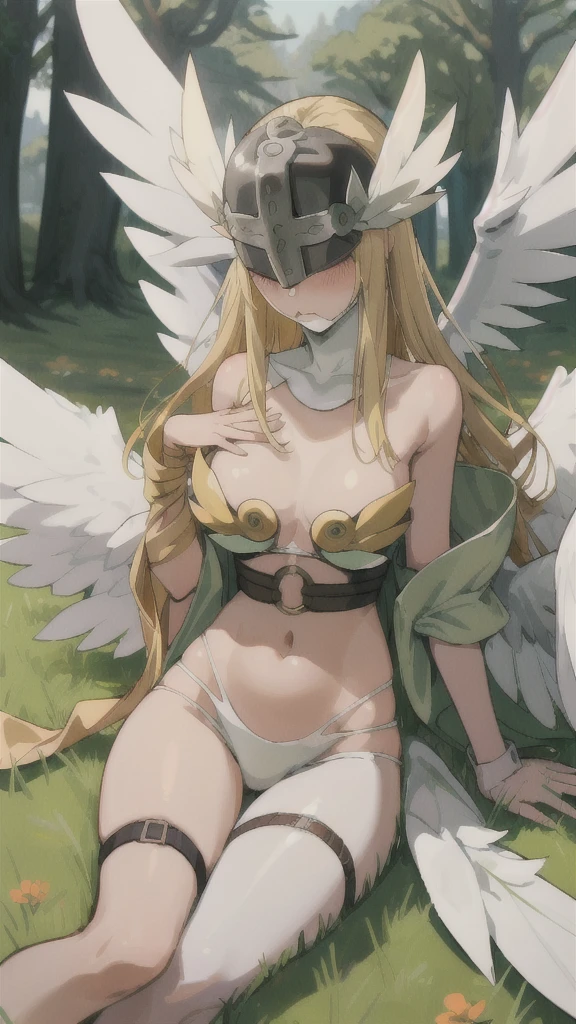 masterpiece, Highest quality, Outdoor, Field, Grass, forest,
Angewomon, One girl, alone, Lie in, behind, Long Hair, chest, Blonde, large chest, huge chest, ribbon, belly button, chestの谷間, Bare shoulders, Mouth closed, wing, O-ring, belt, Thigh straps, Helmet, head wing, feathered wing, In-person audience, angel wing, white wing, Asymmetrical clothing, eyes covered, multiple wing, Digimon (Living things), winged Helmet, 自分のchestに手を当てる,