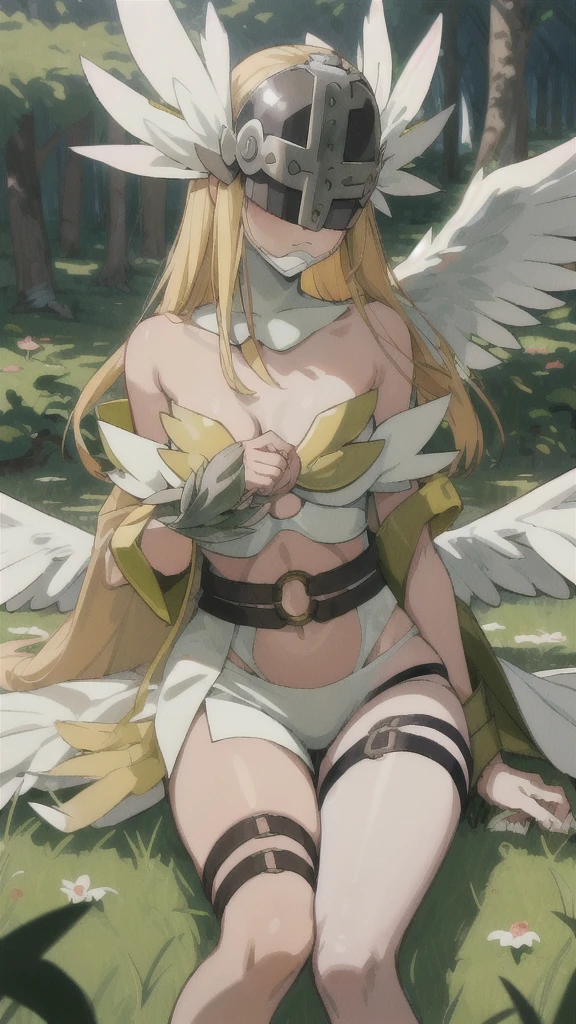 masterpiece, Highest quality, Outdoor, Field, Grass, forest,
Angewomon, One girl, alone, Lie in, behind, Long Hair, chest, Blonde, large chest, huge chest, ribbon, belly button, chestの谷間, Bare shoulders, Mouth closed, wing, O-ring, belt, Thigh straps, Helmet, head wing, feathered wing, In-person audience, angel wing, white wing, Asymmetrical clothing, eyes covered, multiple wing, Digimon (Living things), winged Helmet, 自分のchestに手を当てる,
