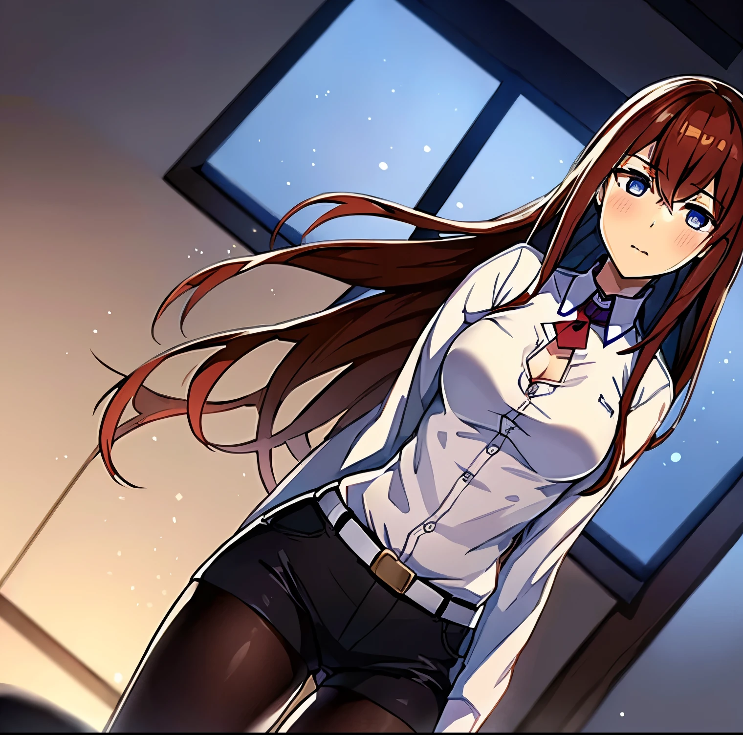 ((1 girl)),((alone)), makise kurisu,((Extremely detailed CG unity 4k wallpaper)),(Masterpiece),(ultra quality),(Ultra detailed),(high illustration),( best shadow),(extremely detailed),(best resolution),(absurdity),(detailed background),(dynamic pose),(cowboy shot),medium breasts, narrow waist, wide hips, medium thighs, round butt, hair reddish brown, long, violet blue eyes, serious face, stoic expression, blushing, small smile, , Beautiful detailed eyes, looking at viewer, suductive gaze, khaki jacket, thigh-high, white dress shirt, tight shirt, ((cleavage)), black_white belts on arms, white shirt, black pants, tight shorts, belt white, black tights pantyhose, nail polish,((solo)), closed mouth, Backlit,((standing:1.4 in, sofa, apartment, room, living room, window, urban background, night, city lights, thinking in the future)), looking forward,((focus on breasts)), pov: (from the middle), perfect anatomy, perfect hands