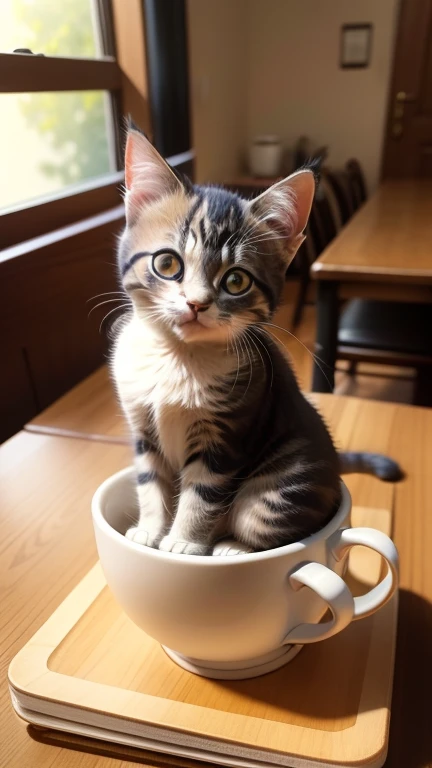 A kitten，The size is only one centimeter，This cat is only 1 cm in size，Sit on a cluttered tabletop，There are water cups around、Lots of books and other junk