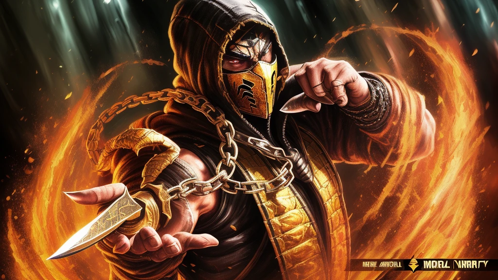 painting of a man in a hoodie holding a knife and a chain, scorpion from mortal kombat, in mortal kombat, style of mortal kombat, character from mortal kombat, mortal kombat, mk ninja, detailed game art illustration, game key art, epic video game art, scorpion, wallpaper 4 k, wallpaper 4k, fan art, wallpaper hd, mortal kombat 11