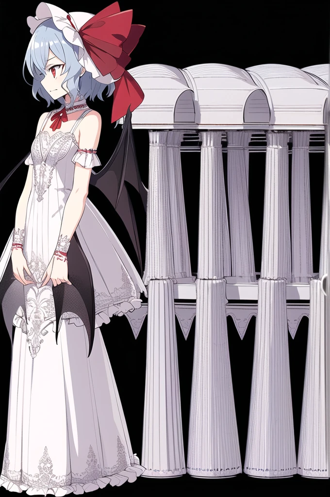 alone, alone focus, One girl, Remilia Scarlet, 
ufotable screen capture, fgo sprite:1.5, whole body, Are standing, Black background, Simple Background, Looking into the distance, 