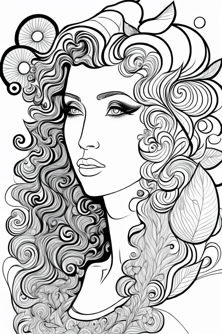 clean black and white only, coloring page for adults, simple cartoon like, beautiful cyberpunk woman, with hat, with beautiful eyes and full curly hair or straight hair, thick lines, low detail, flawless line art, --ar 9:11 monochrome