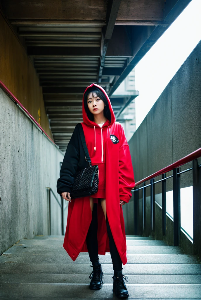 1. young woman、Wearing a red hooded jacket。
2. Holding onto the staircase railing。
3. Staring sharply at the camera。
4. The color scheme is based on red and black。
5. Urban style background、Inside a concrete and glass building。
style:
• Cyberpunk • High Resolution • Futuristic Lighting • Vibrant Colors Additional Details:
• The camera angle is from above, looking down.。
• Wear street fashion。
• Photo-realistic textures。