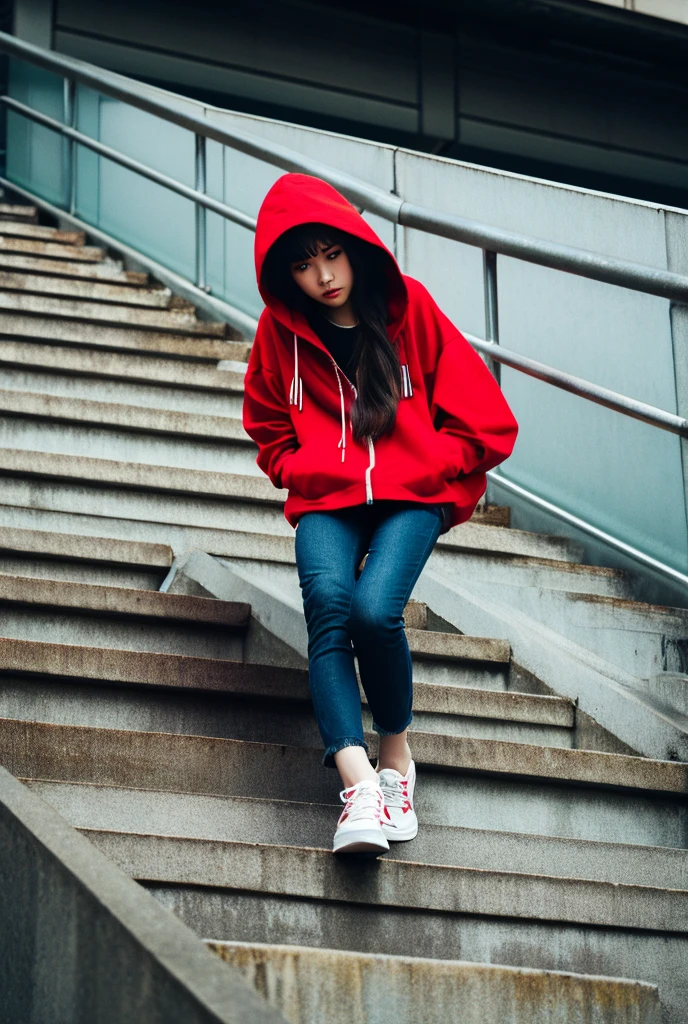 	1.	young woman、Wearing a red hooded jacket。
	2.	Holding onto the staircase railing。
	3.	Staring sharply at the camera。
	4.	The color scheme is based on red and black。
	5.	Urban style background、Inside a concrete and glass building。

style:

	• Cyberpunk • High Resolution • Futuristic Lighting • Vibrant Colors Additional Details:

	• The camera angle is from above, looking down.。
	• Wear street fashion。
	• Photo-realistic textures。