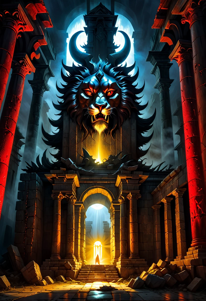 Beasts of the light, Liandra, Bloody Neat, southern pride, dramatic light, Byzantine ruins, stone and wood temple background, night dramatic lighting, Byzantine colors, painting by caravaggio, Beksinski, Giger, Rembrandt,