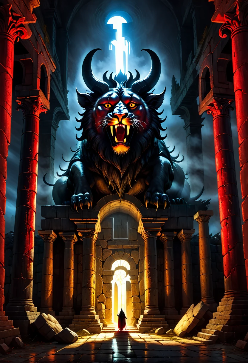 Beasts of the light, Liandra, Bloody Neat, southern pride, dramatic light, Byzantine ruins, stone and wood temple background, night dramatic lighting, Byzantine colors, painting by caravaggio, Beksinski, Giger, Rembrandt, 